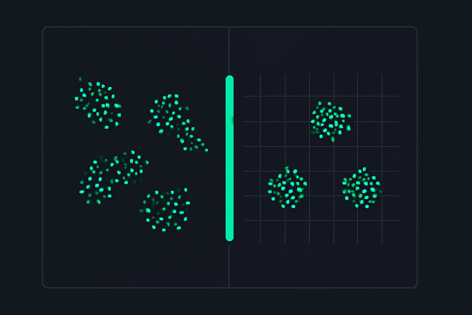 Two clusters of glowing points shift from a scattered arrangement on the left into an aligned grid on the right, illustrating how embeddings from different models can be mapped onto a shared geometric structure
