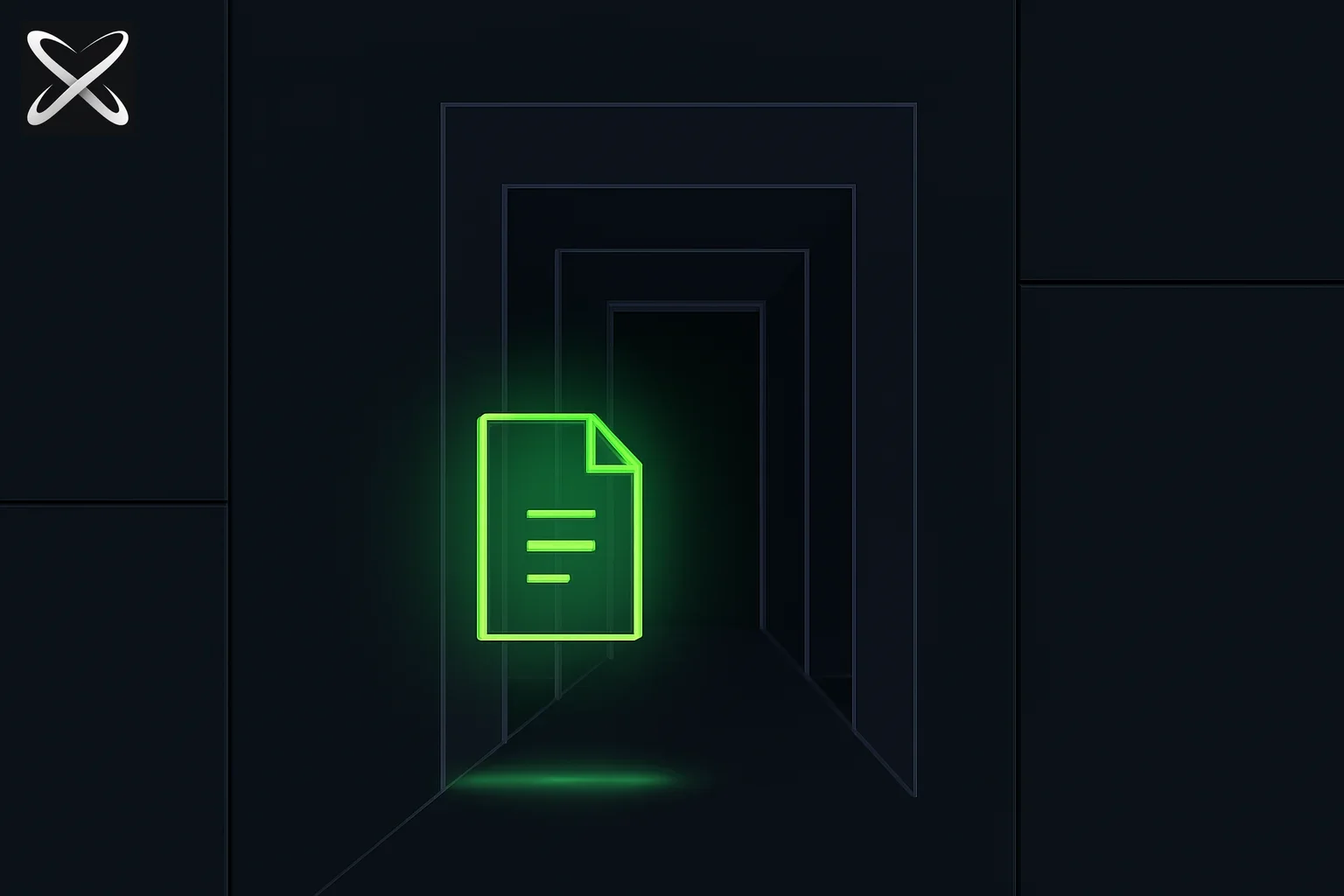CLAUDE.md persistent memory explained — one document carried through a repeating sequence of glowing doorway frames