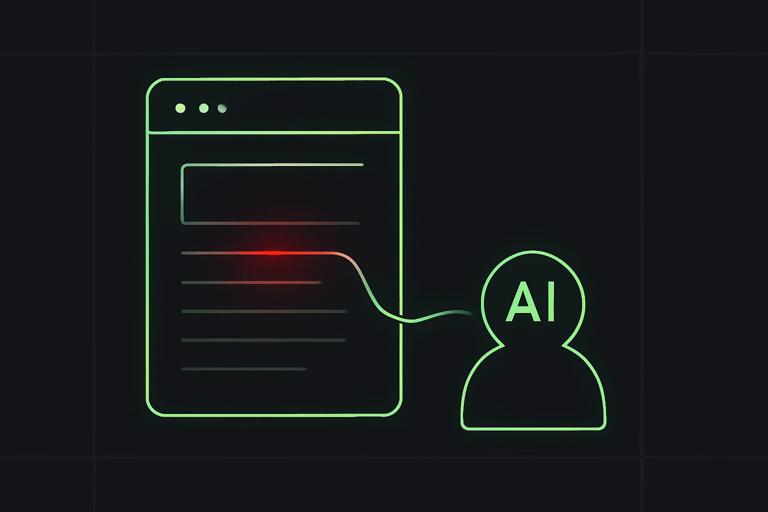 Hidden malicious instructions on a webpage silently redirecting an AI browsing agent, illustrating indirect prompt injection