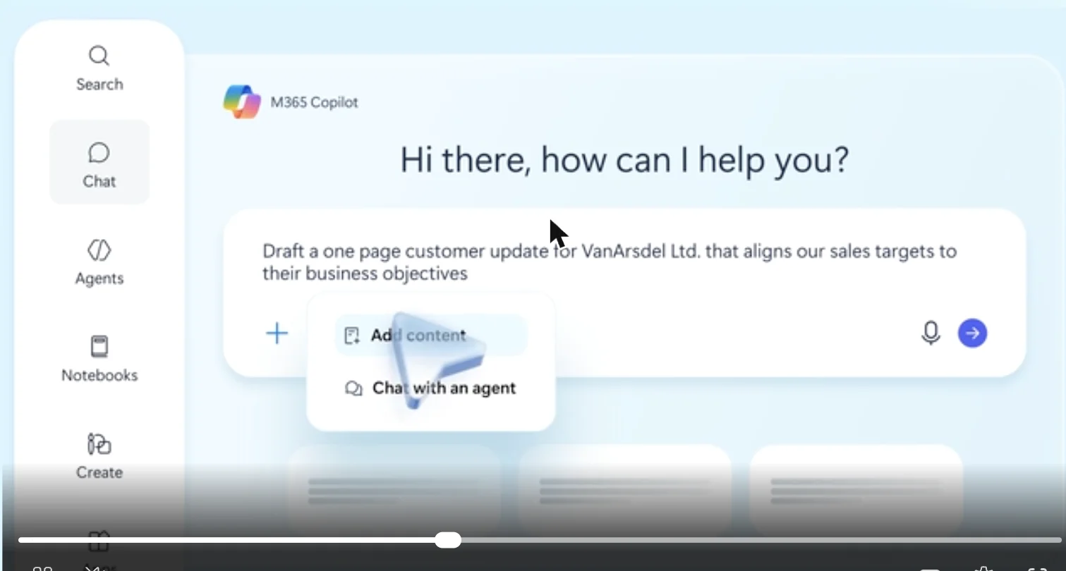 Microsoft 365 Copilot Chat interface showing the prompt box with Add content and Chat with an agent options
