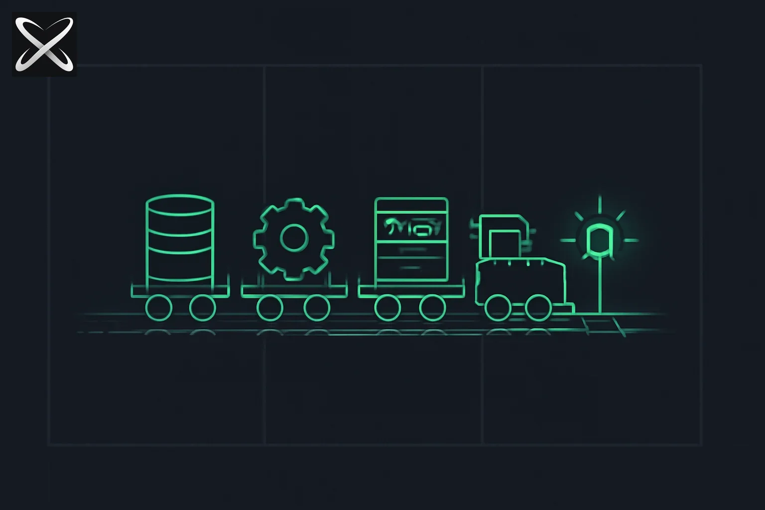 Railway deployment diagram: a train pulling database, worker, and server cargo cars toward a glowing always-on signal