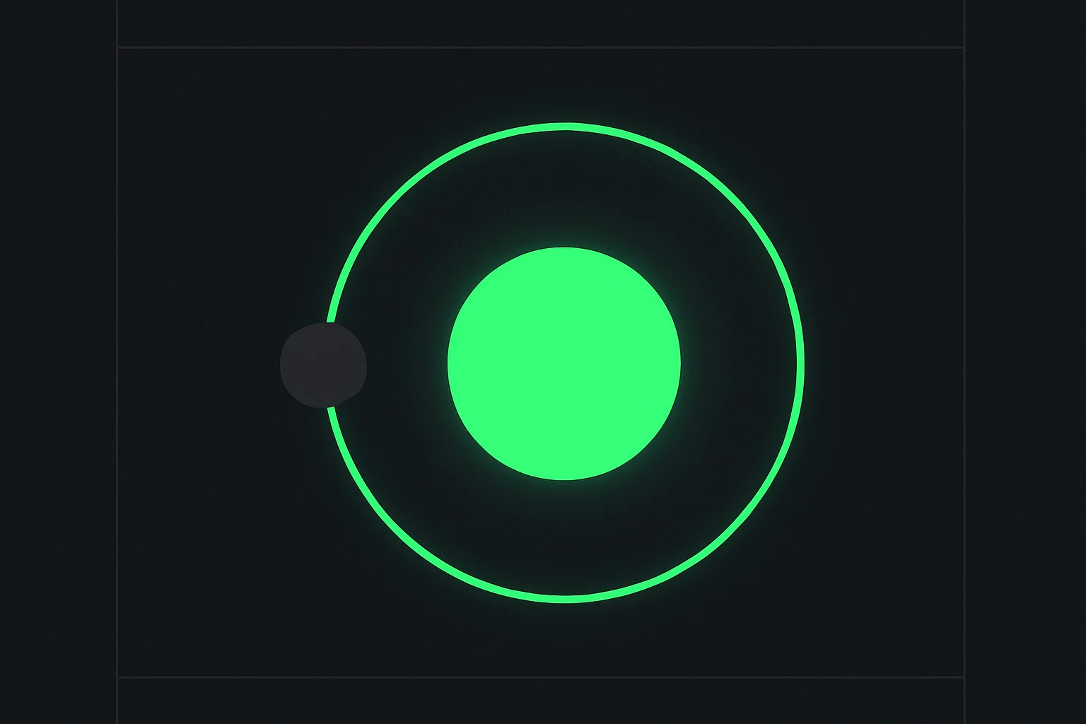 Editorial illustration of a small dim sphere circling a much larger glowing sphere with an expanding green halo, symbolizing intelligence leaping from human scale to something that outscales a civilization