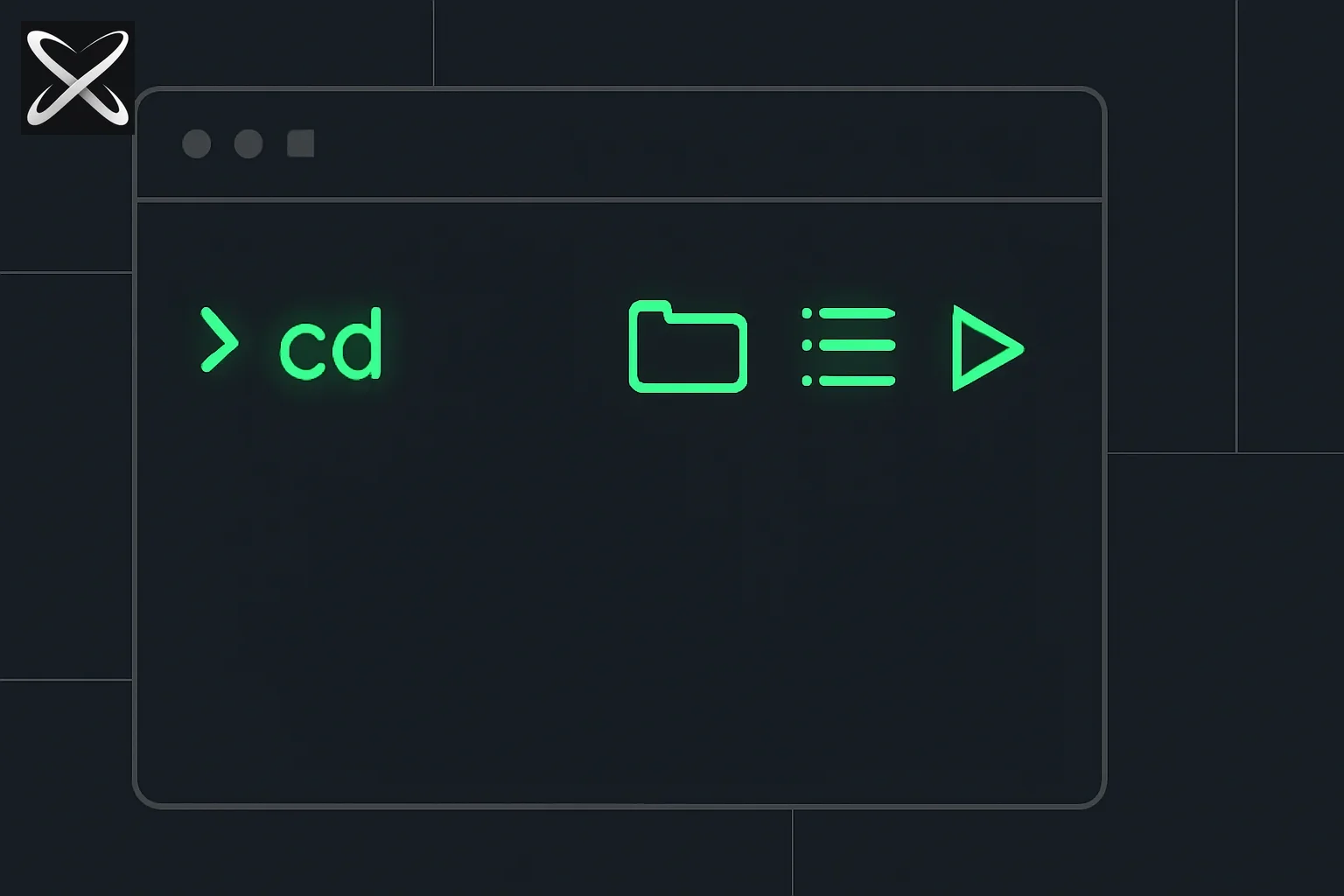Terminal basics diagram: a blinking cursor typing a command that lights up a sequence of navigate, list, and run icons