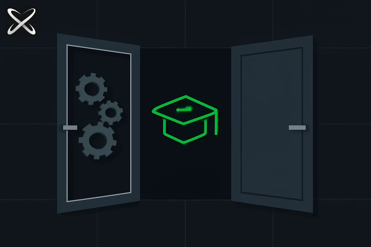 Why explainx.ai teaches both open and closed models — a transparent gear-filled door and a sealed opaque door both leading to a graduation cap